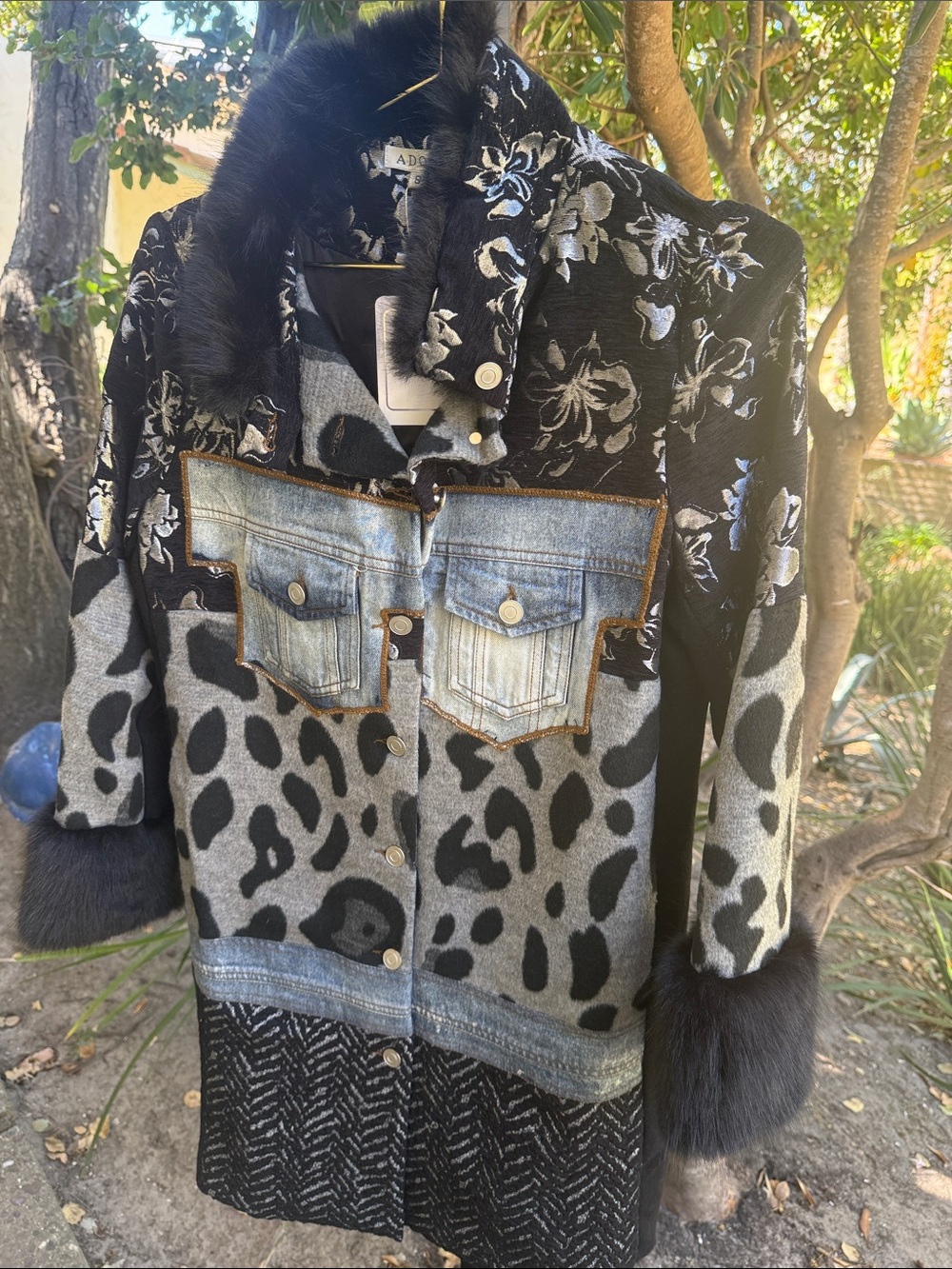 Adore Black and Gray Mixed-Pattern Jean-Panel Coat with Faux Fur Trim